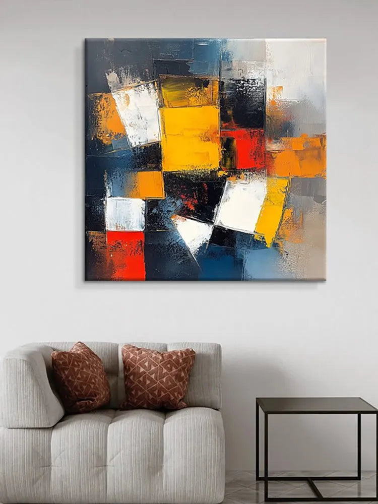 Hand-painted abstract oil painting on canvas, square unframed one-panel wall art, rolled for delivery