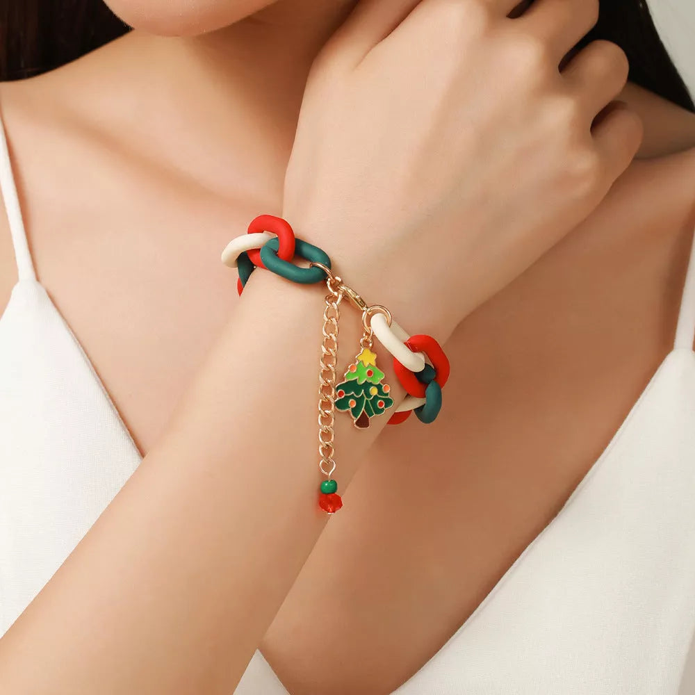 Festive Christmas Metal Chain Bracelet with Santa Claus and snowflake designs