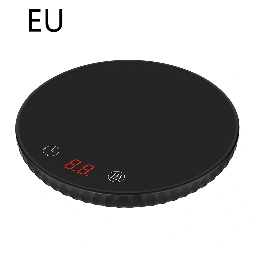 Black electric cup warmer with digital display showing temperature, 115mm diameter, 20mm thickness