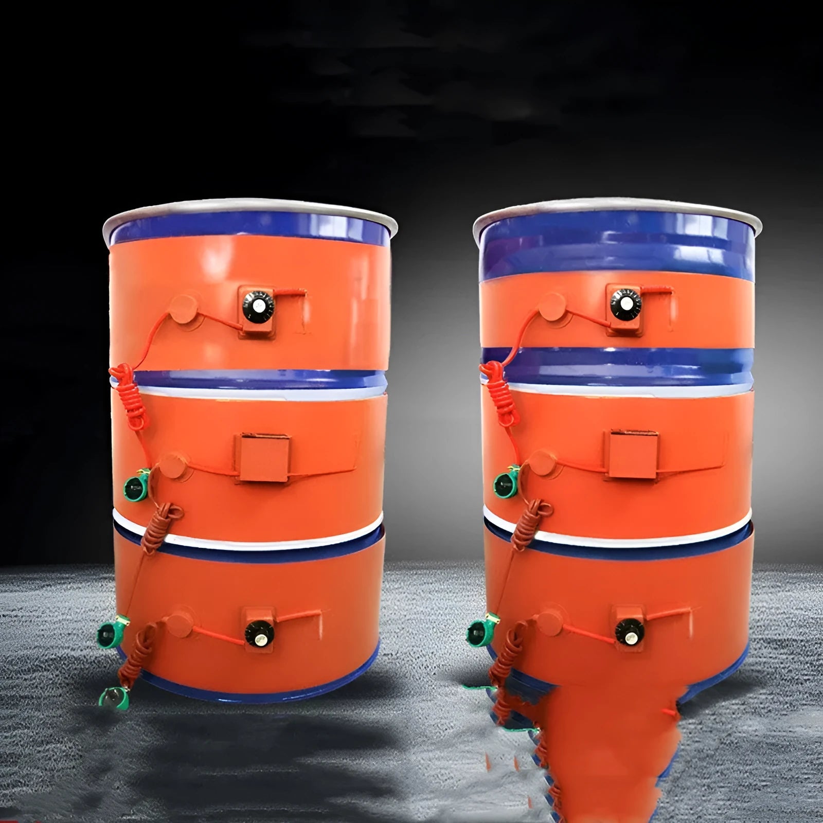 Silicone rubber heating belt wrapped around a 200-litre oil drum with digital control unit.