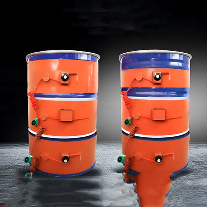 Silicone rubber heating belt wrapped around a 200-litre oil drum with digital control unit.