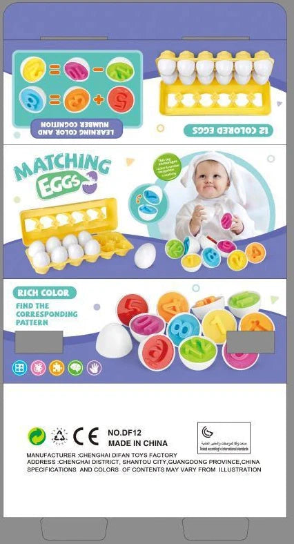 Educational shape matching egg toy with 12 colourful eggs that develop fine motor skills and colour recognition for children aged 3-6 years, made from BPA-free plastic materials with a durable storage case for easy clean-up.