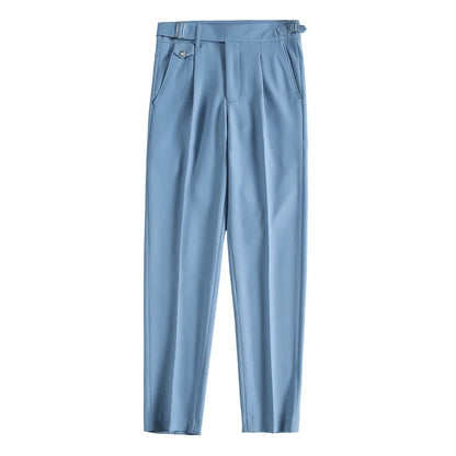 Straight-leg casual trousers in solid khaki colour on a hanger, showing the classic fit.