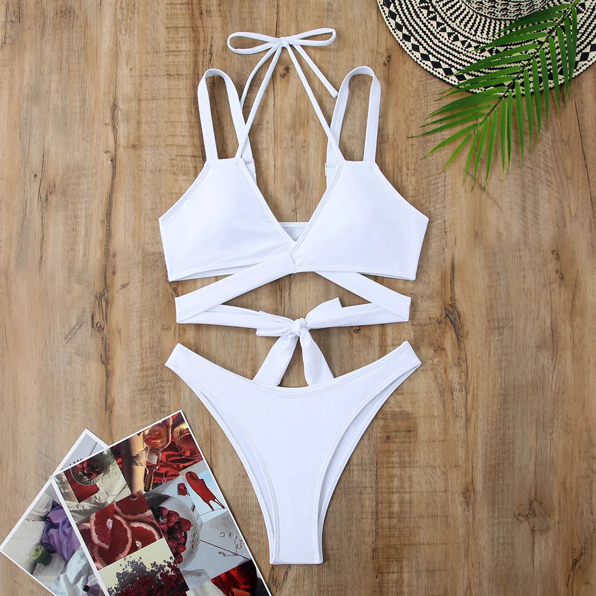 Women's solid colour bikini with adjustable strap ties and removable cups in black, red, blue, rose red, or white