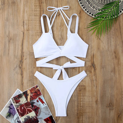 Women's solid colour bikini with adjustable strap ties and removable cups in black, red, blue, rose red, or white
