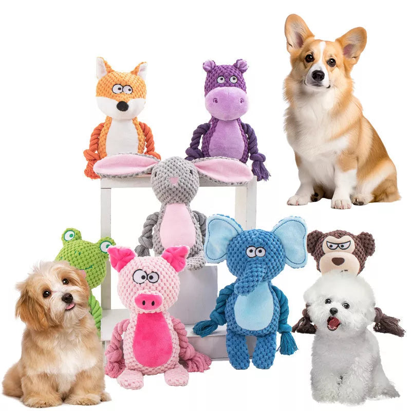 Interactive plush sound cotton rope dog toy in various animal designs for tug of war training