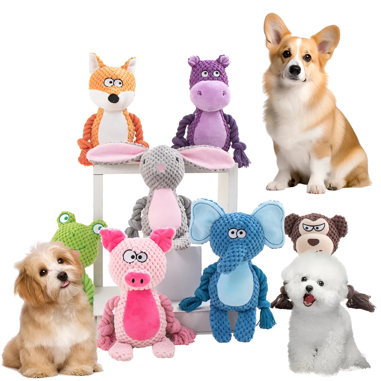 Plush dog rope toy in animal design for interactive tug-of-war play
