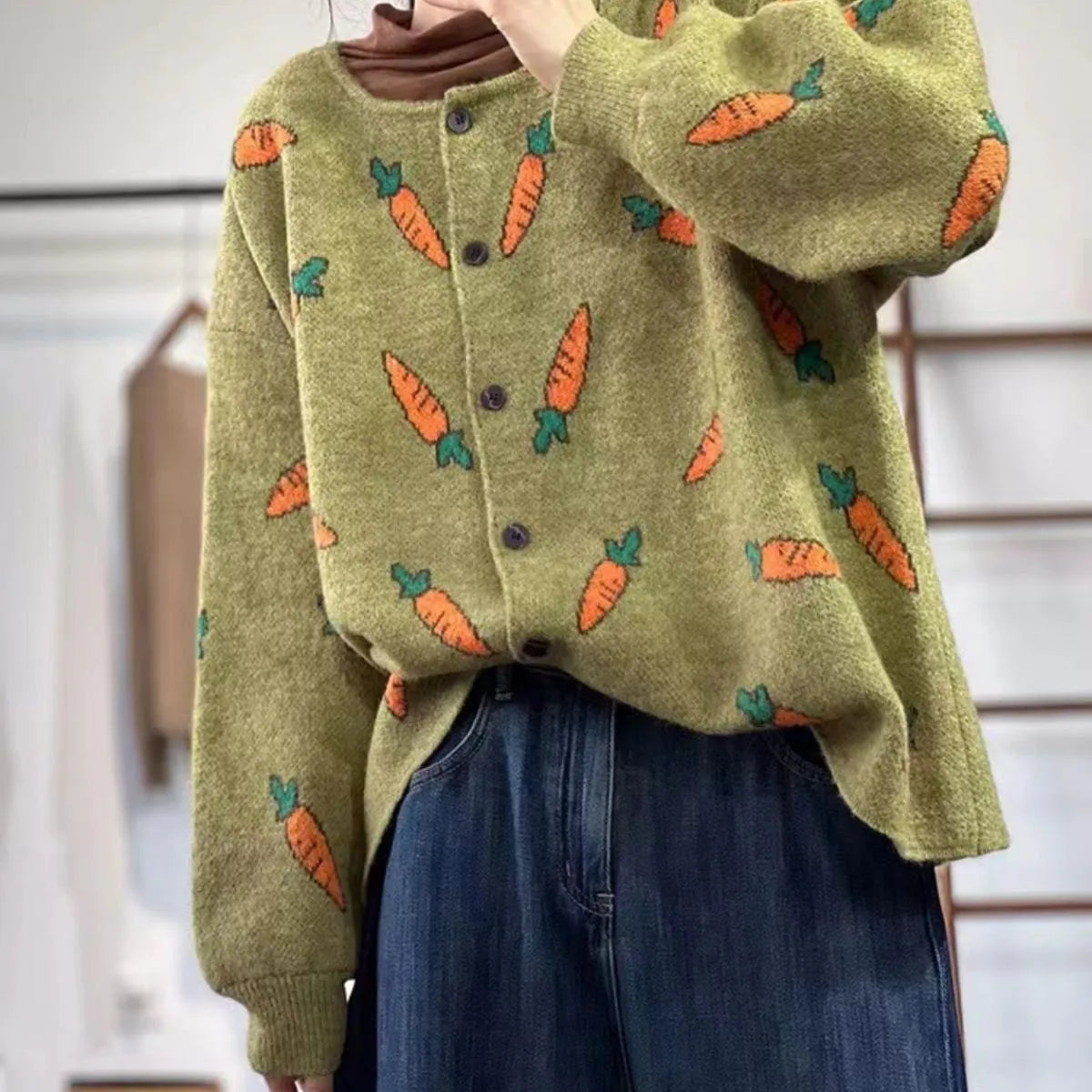 Round neck Mori artistic printing cardigan with colour contrast patterns, loose casual fit in free size