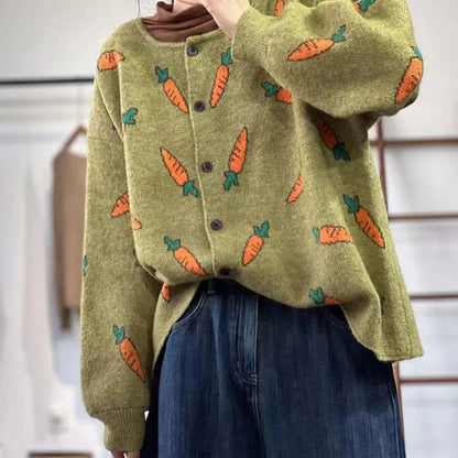 Round neck Mori artistic printing cardigan with colour contrast patterns, loose casual fit in free size