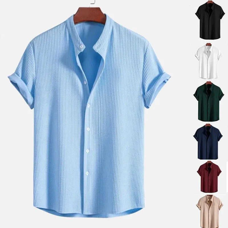 Men's loose short sleeve shirt in polyester, available in colours like wine red and navy blue, sizes S to 4XL
