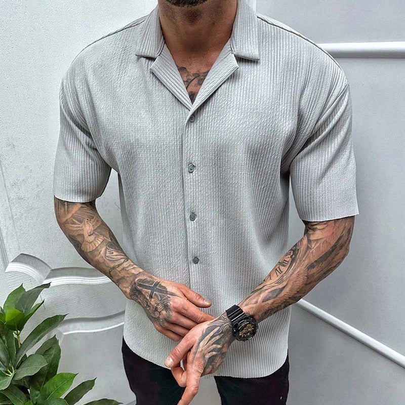 Men's stylish cotton blend short sleeve cardigan shirt in solid colors