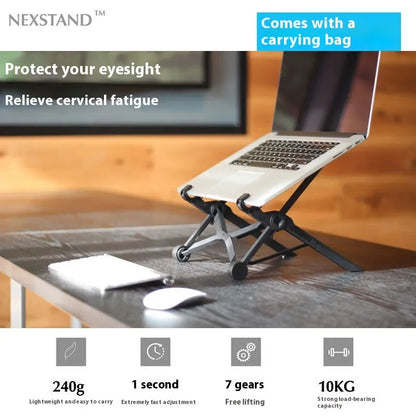 Sagacious black folding laptop stand with carrying case, shown folded and unfolded