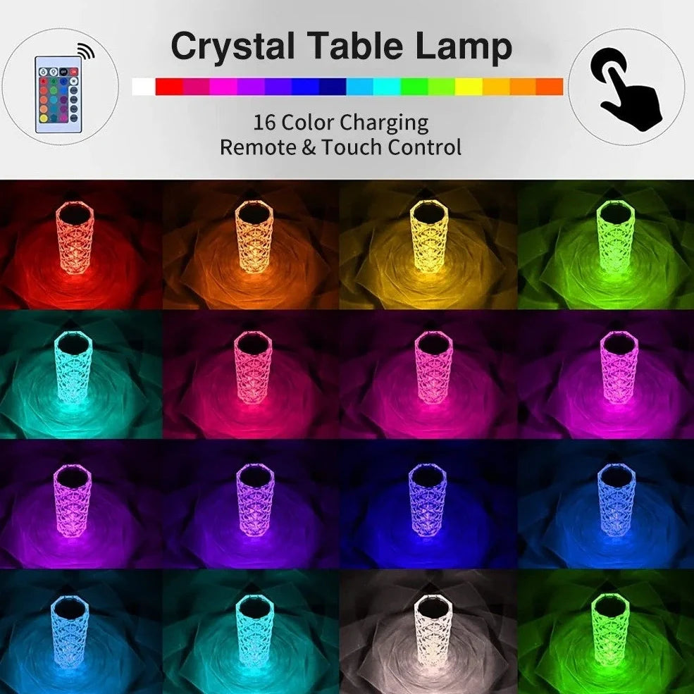 LED crystal table lamp showing 16 colour options with touch controls and remote, measuring 15.8cm high