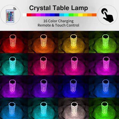 LED crystal table lamp showing 16 colour options with touch controls and remote, measuring 15.8cm high
