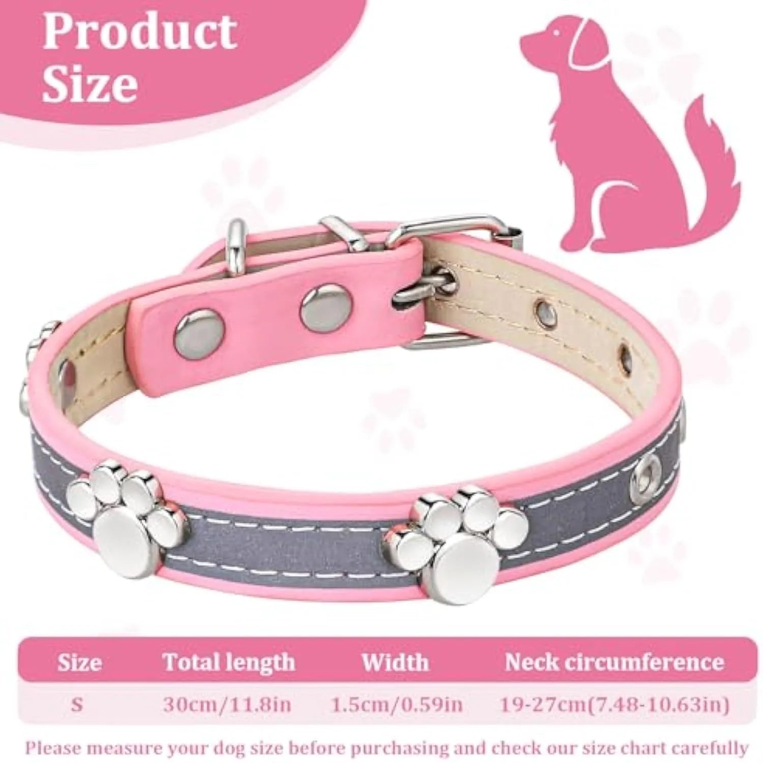 Reflective adjustable dog collar with paw rivet on soft PU leather, showing metal buckle and five adjustment holes