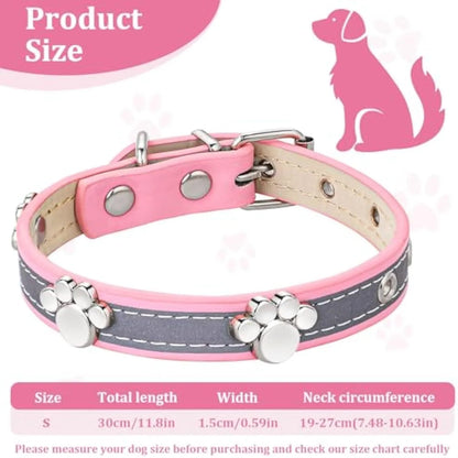 Reflective adjustable dog collar with paw rivet on soft PU leather, showing metal buckle and five adjustment holes
