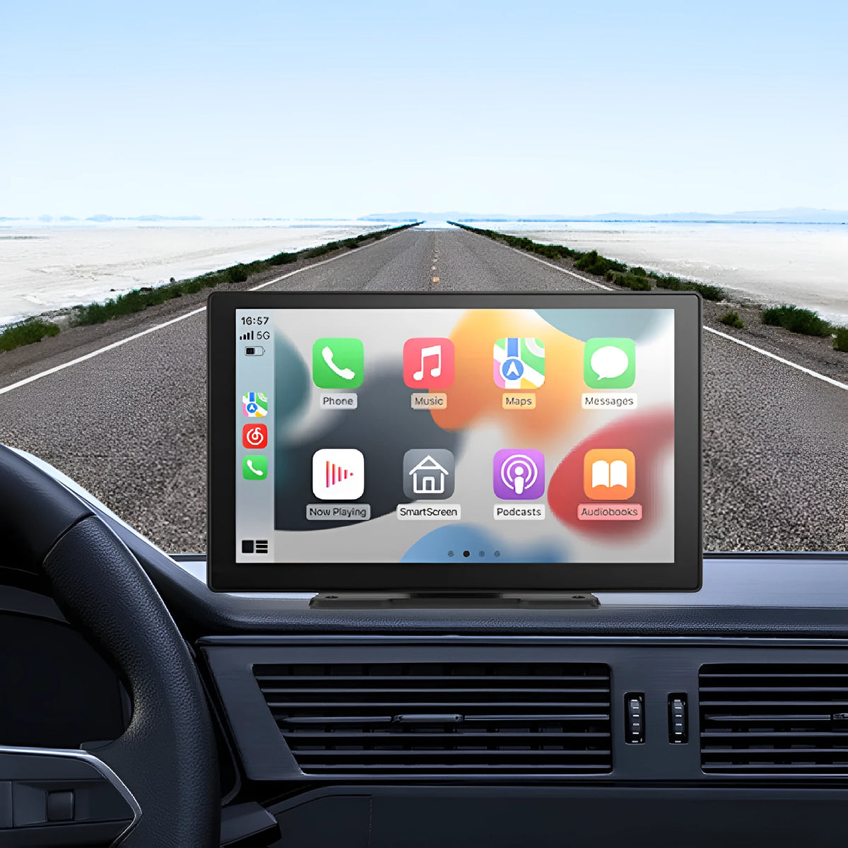 9-inch CarPlay driving recorder with touchscreen display showing dual-lens camera footage
