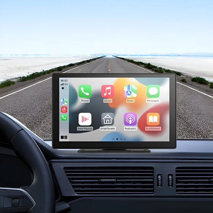 9-inch CarPlay driving recorder with touchscreen display showing dual-lens camera footage
