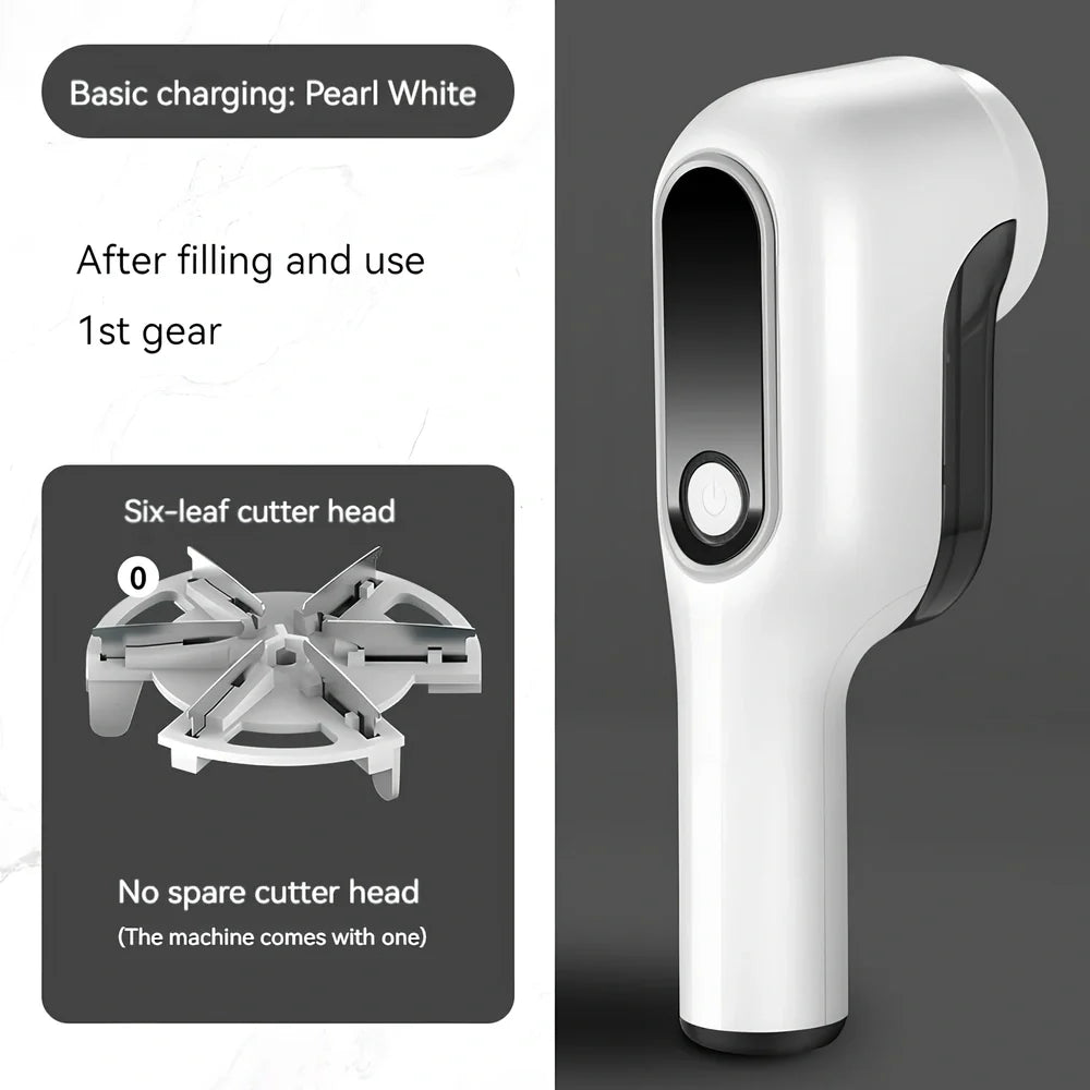 Rechargeable green lint trimmer removing fabric balls from wool jumper, digital display showing speed, 15 cm size with spare blades