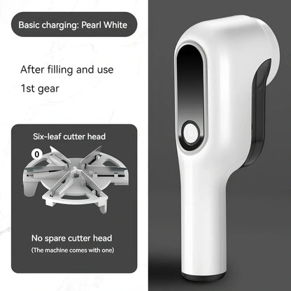 Rechargeable green lint trimmer removing fabric balls from wool jumper, digital display showing speed, 15 cm size with spare blades