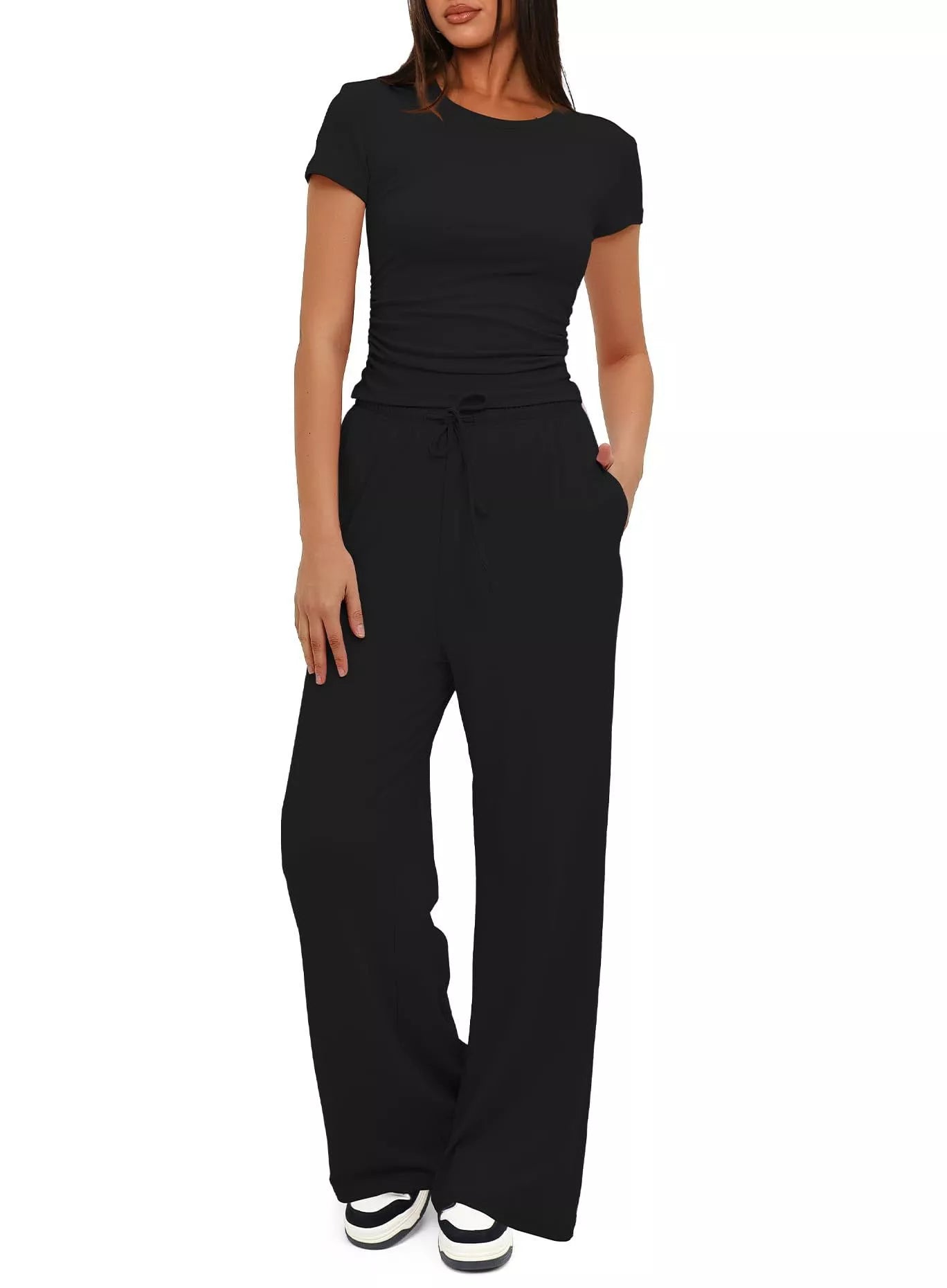Women's 2-piece solid color yoga set with short-sleeve top and high-waisted pants