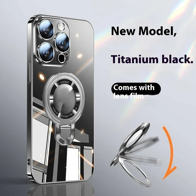 Desert gold electroplated iPhone 17 case showing 360-degree rotating bracket extended and magnetic back surface