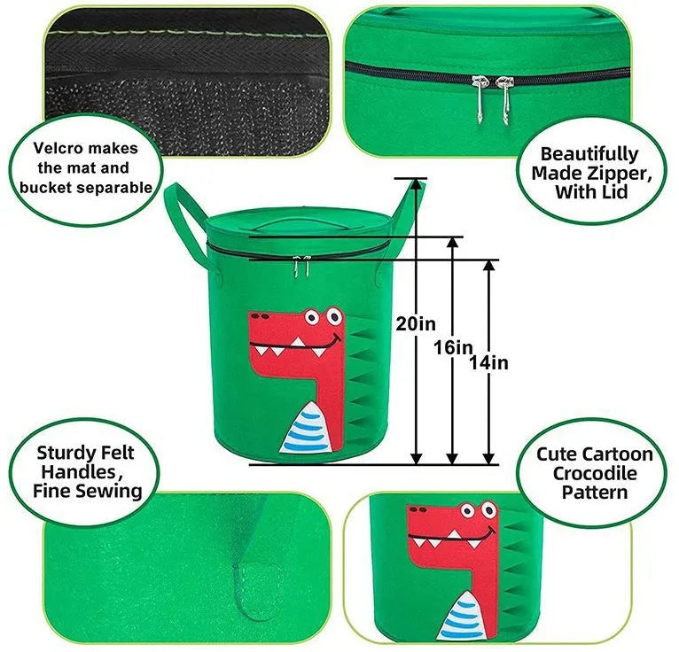 Green felt storage cube with pull rope unfolded into a large square play mat on a wooden floor.