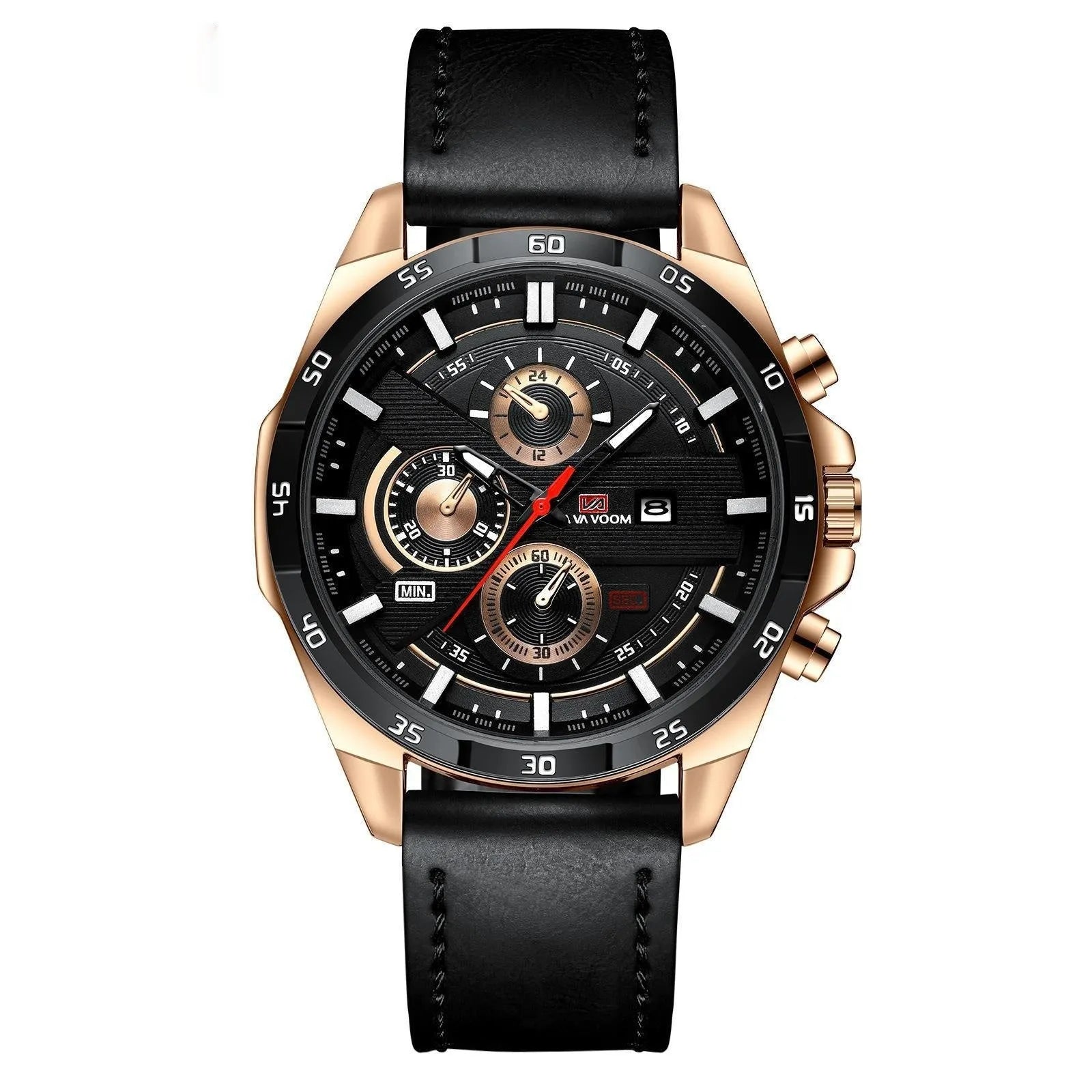 Men's business calendar waterproof quartz watch showing nine colour variants with 10mm thickness