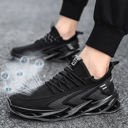 Men's summer mesh running casual shoes with front tie, flat heel, EVA insole and injection sole, in black, blue or grey