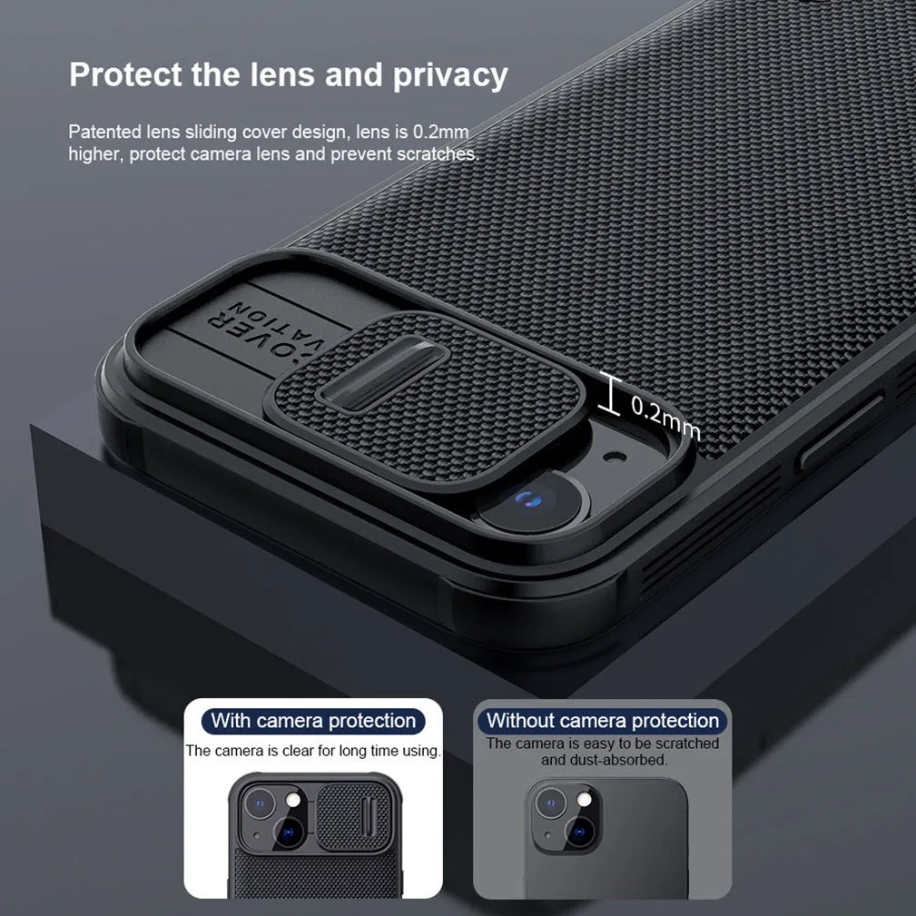 Black textured iPhone 13 Pro Max protective case with PC shell and TPU edge sliding cover