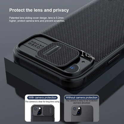 Black textured iPhone 13 Pro Max protective case with PC shell and TPU edge sliding cover