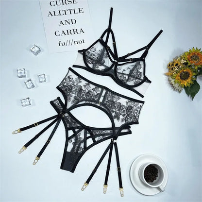 Women's black lace mesh floral print three-piece set showing top, pants and waist ring