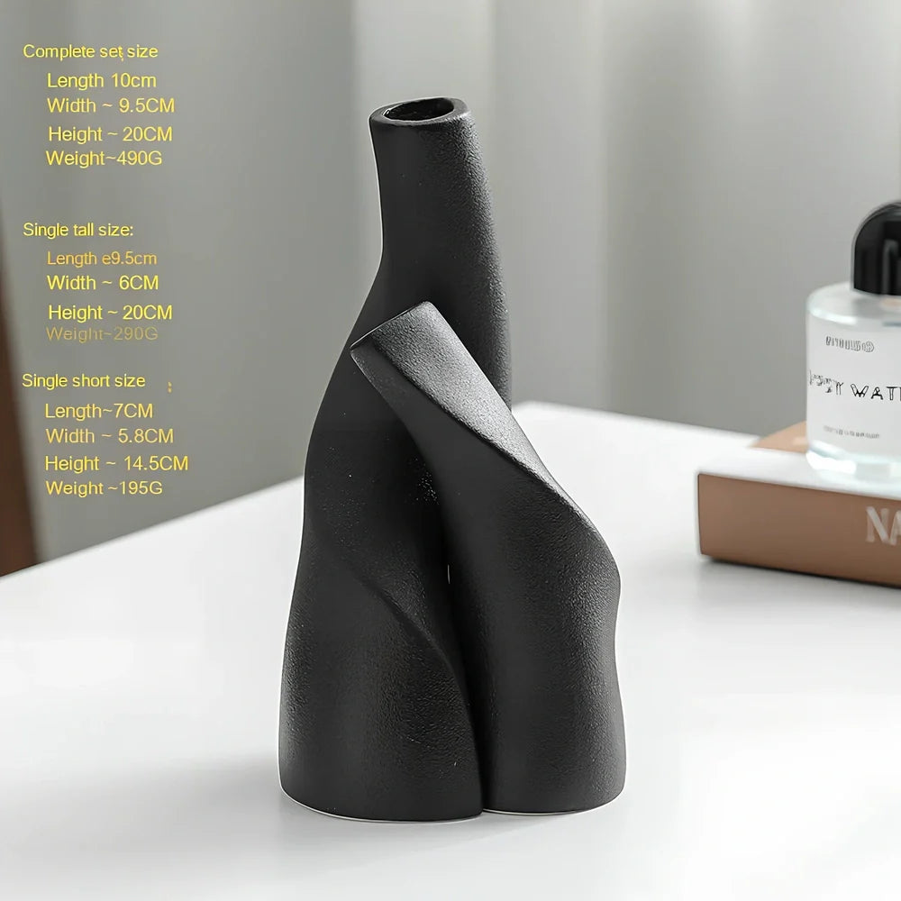 Nordic double shaped ceramic vase set in cream colour on wooden shelf, 20-25cm height for home decoration