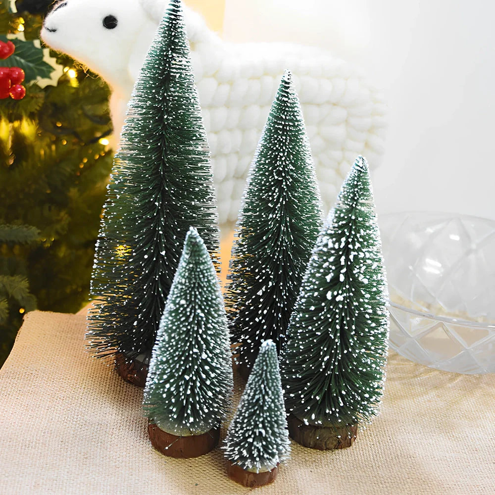 Mini Christmas tree with white snow flocking on green PVC branches, tabletop decoration