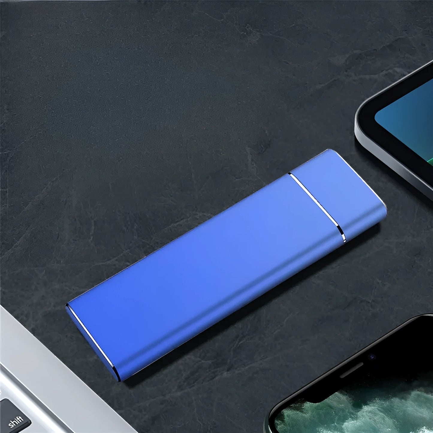 Sapphire blue portable solid state hard drive with metal case measuring 10.3cm