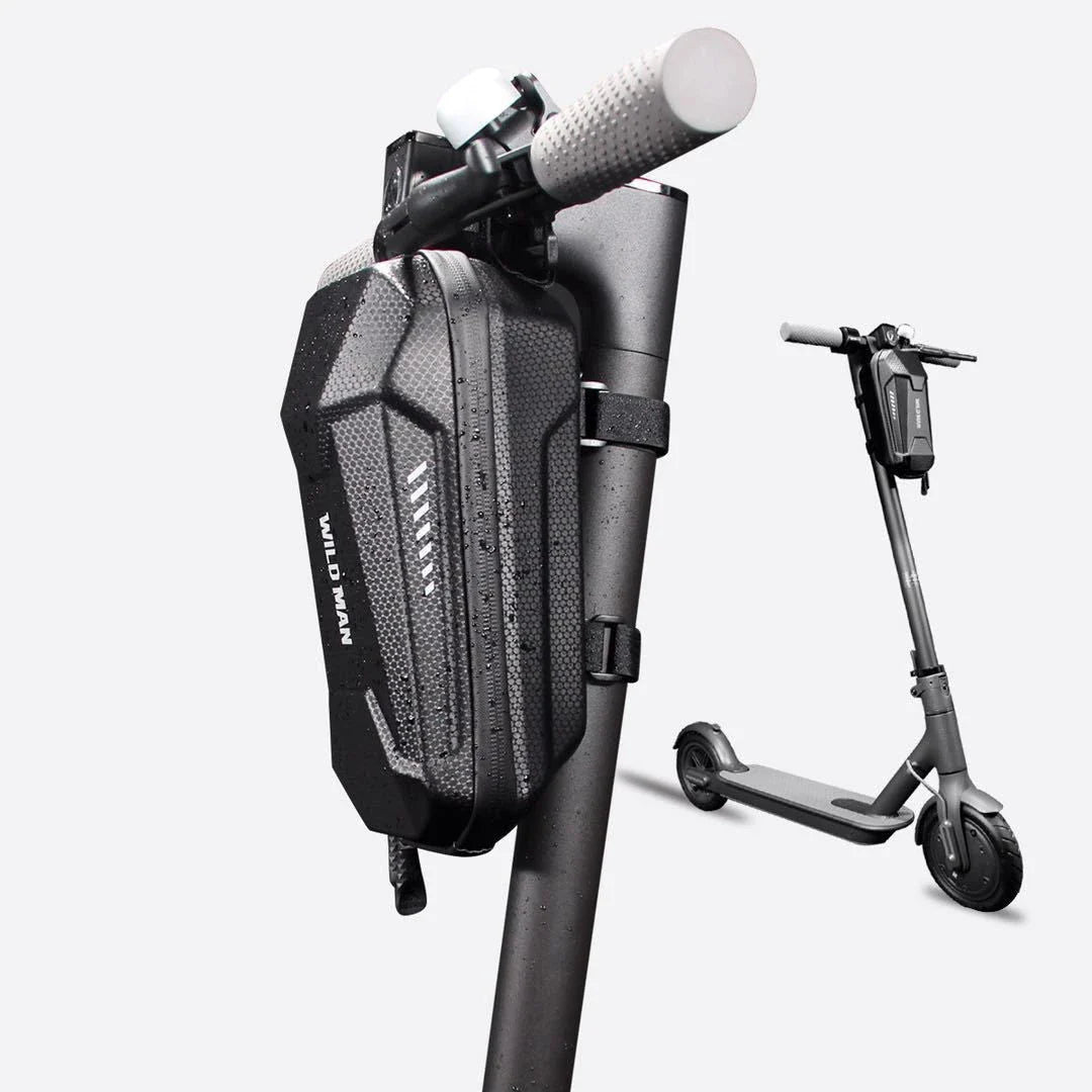 Weatherproof electric scooter front pouch in black with reflective trim, featuring compartments for storage and adjustable straps for a secure fit