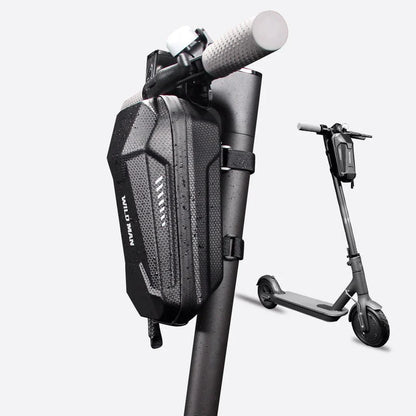 Weatherproof electric scooter front pouch in black with reflective trim, featuring compartments for storage and adjustable straps for a secure fit