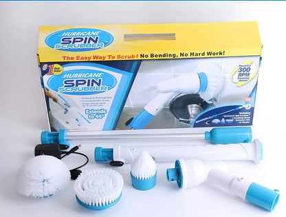 Blue rechargeable electric cleaning brush with retractable extension rod and three interchangeable brush heads