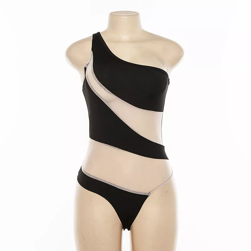 Women's black mesh one-piece swimsuit with removable chest pad, available in sizes S, M, L