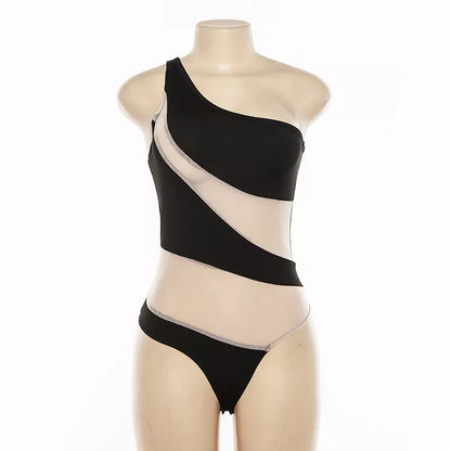 Women's black mesh one-piece swimsuit with removable chest pad, available in sizes S, M, L