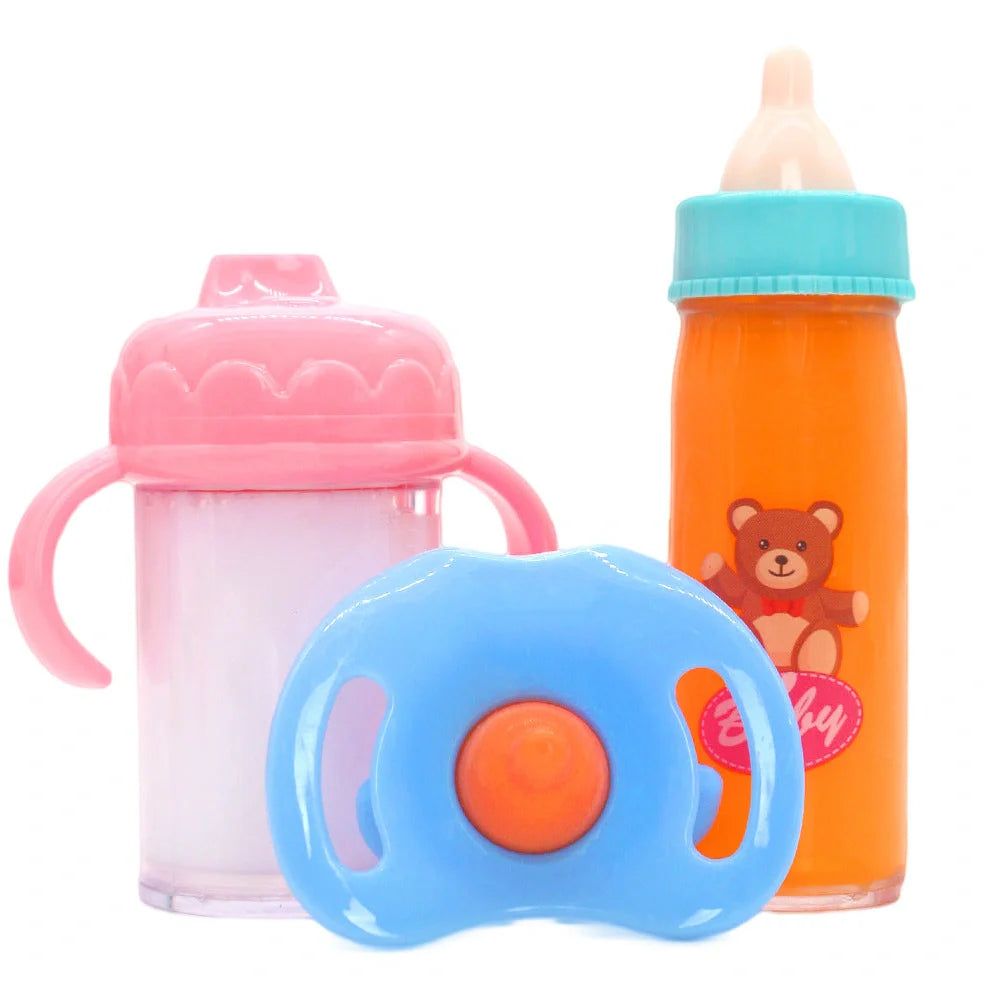 Doll feeding bottle accessory in pony pink and bear blue colour combinations for 14-18 inch dolls
