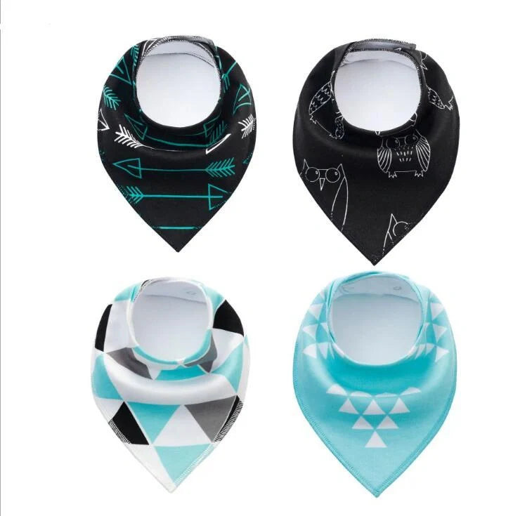 Stylish baby bibs and burp cloths featuring trendy arrow, wave, and triangle designs in soft, absorbent cotton