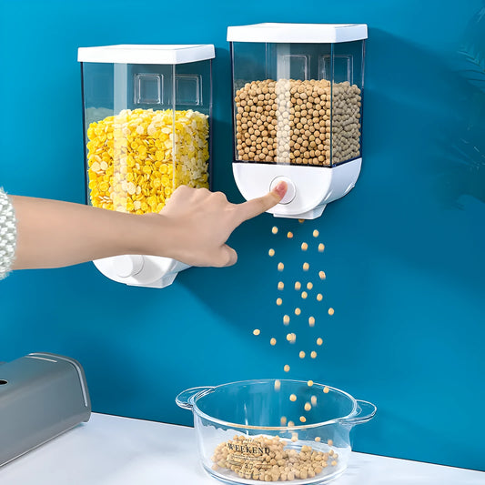 White wall mounted transparent food storage container with easy press cereal dispenser mechanism