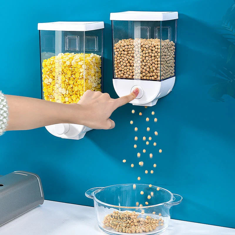 Sleek kitchen storage canister with cereal dispenser and wall-mountable design for organized, space-saving storage