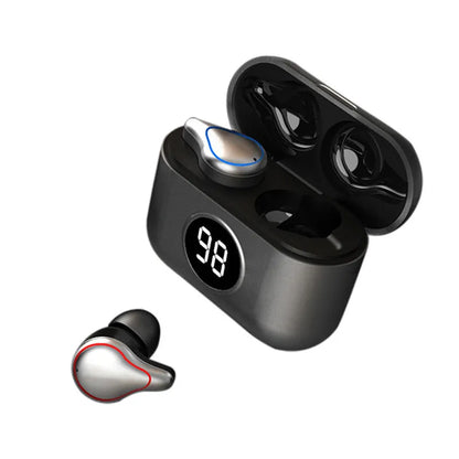 Black in-ear Bluetooth headset with silicone ear tips, showing bilateral design for stereo sound