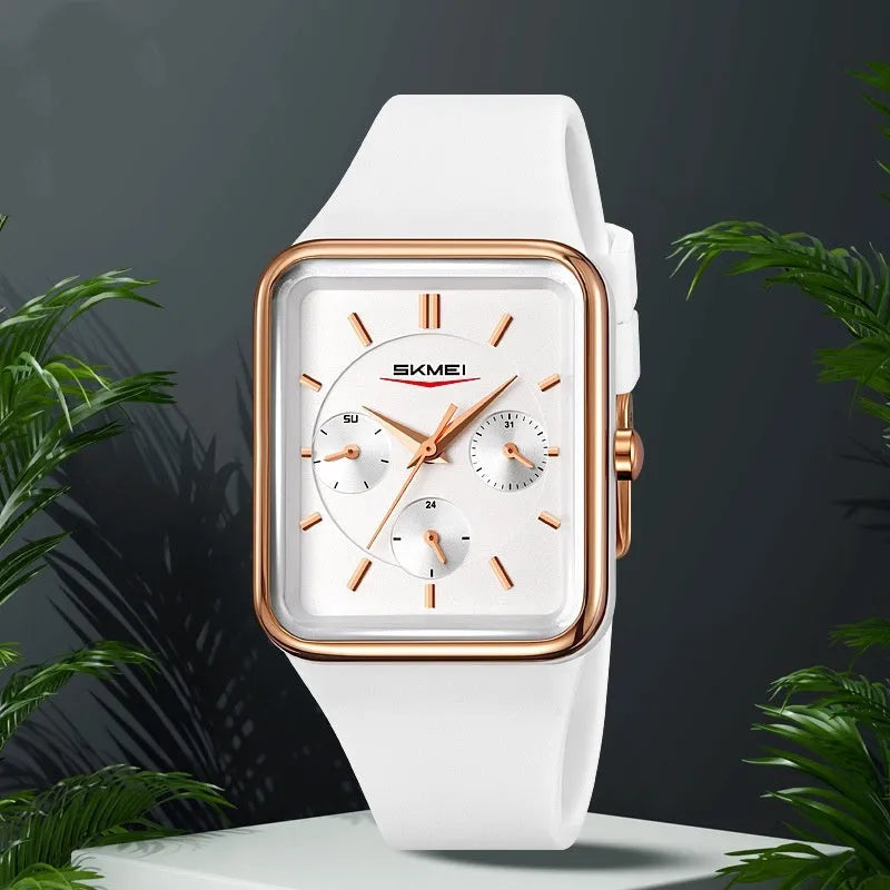 Square silicone waterproof watch for girls with multifunctional digital display, available in white rose gold, white silver, black gold, black and blue colour combinations, featuring a 10.8mm thickness and casual style.