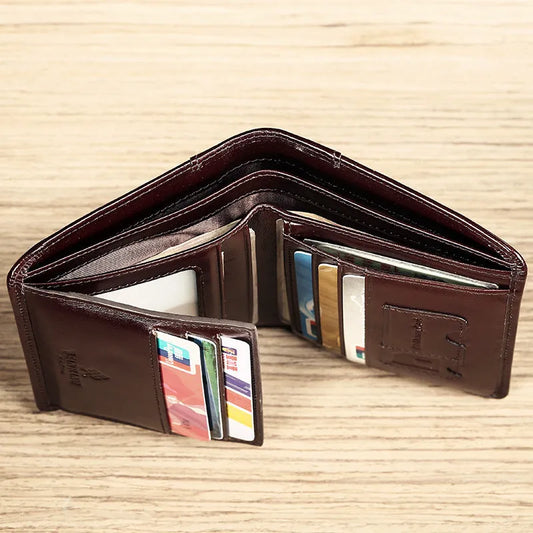 Men's black leather wallet open showing seven internal compartments for organisation
