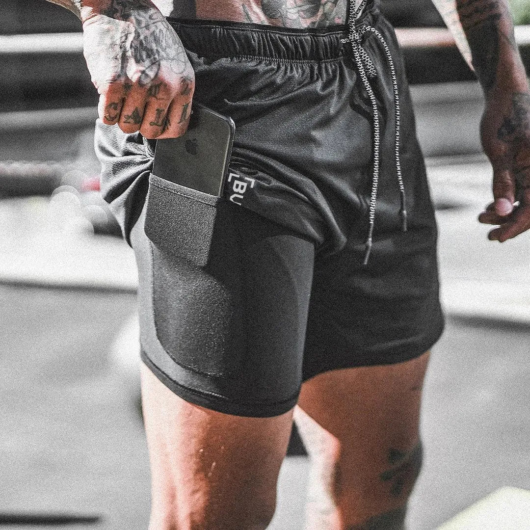 Pocket compression shorts in nylon, moisture-wicking and quick-drying, available in multiple colours and sizes S to 3XL.