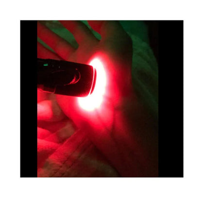 Black aluminium Smart Vein Locator handheld device with red LED light on, showing compact size.