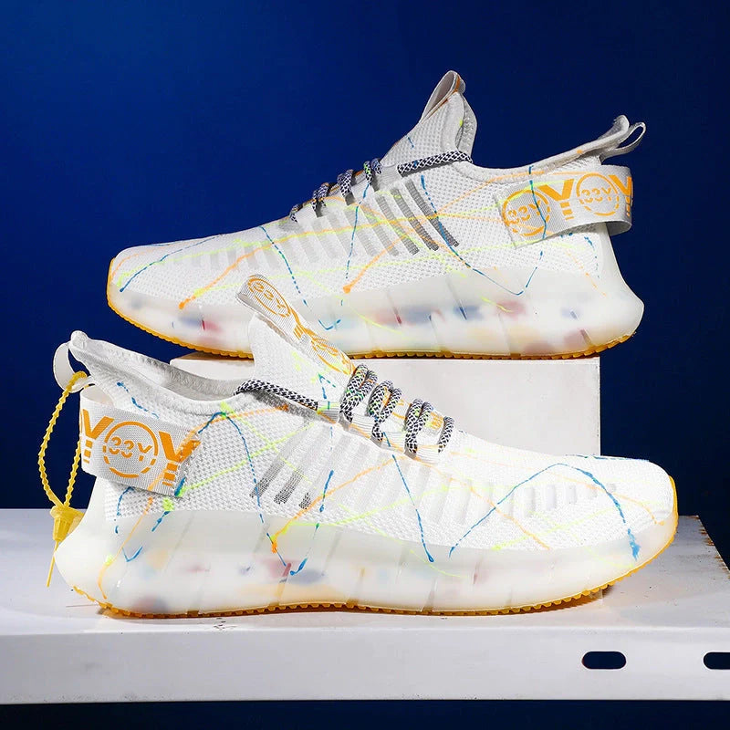 Men's luminous casual shoes with flying weave upper in white, black, and apple green